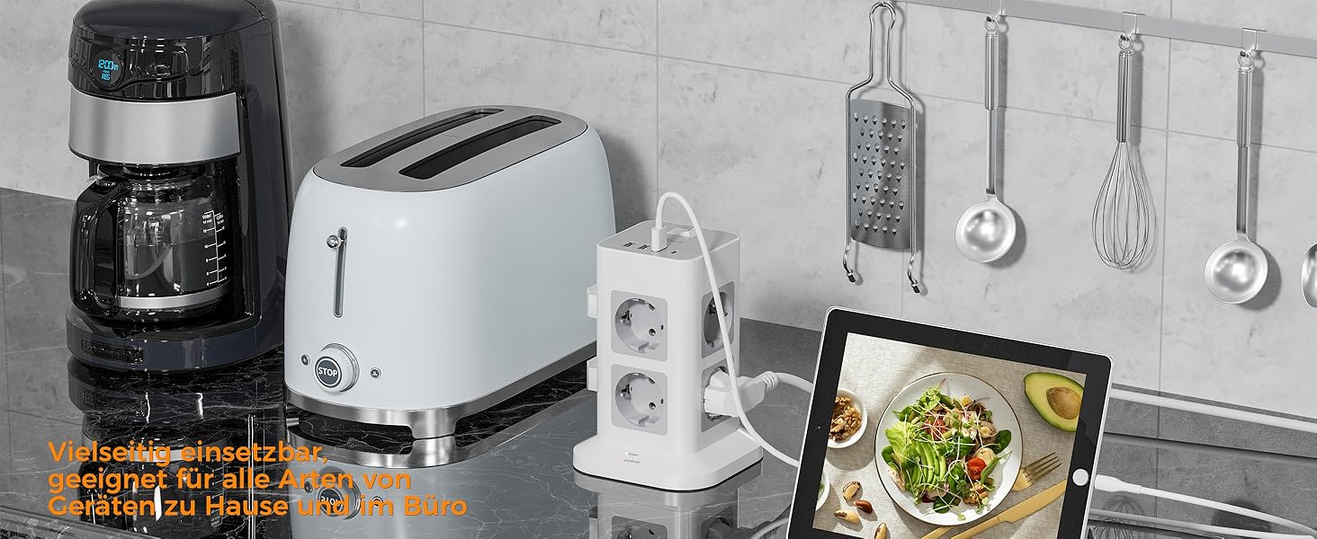 Багатофункціональна мережа TESSAN з 8 розеток, USB-C, захистом від перенапруги, вимикачем, 2 м кабелем, 3600W (сірий/білий)