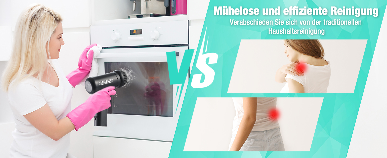 Електрична щітка для прибирання HAUSHOF з акумулятором, підставка, LCD дисплей, 3 швидкості, скрубер з 7 насадками та точилка для ножів, для ванної, кухні, плитки