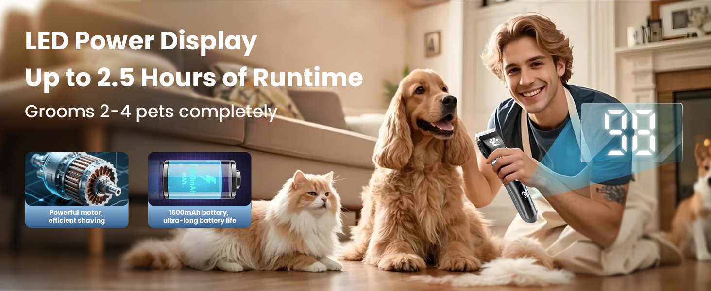 Професійний собачий триммер для собак та котів, бездротовий, 2 швидкості, LED-дисплей, IPX5, для собак та котів середніх та малих порід