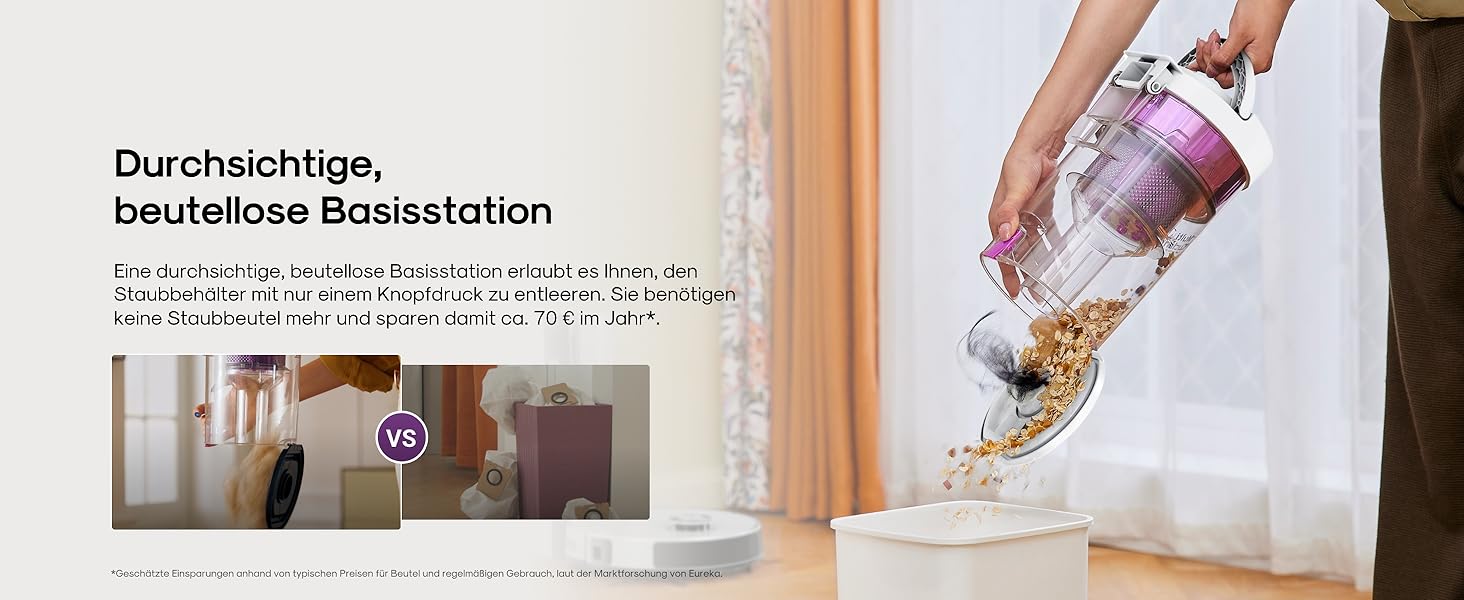 Робот-пилосос Eureka E20 Evo Plus з функцією миття та автопорожненням, 10000 Па, для твердих підлог та килимів, білий