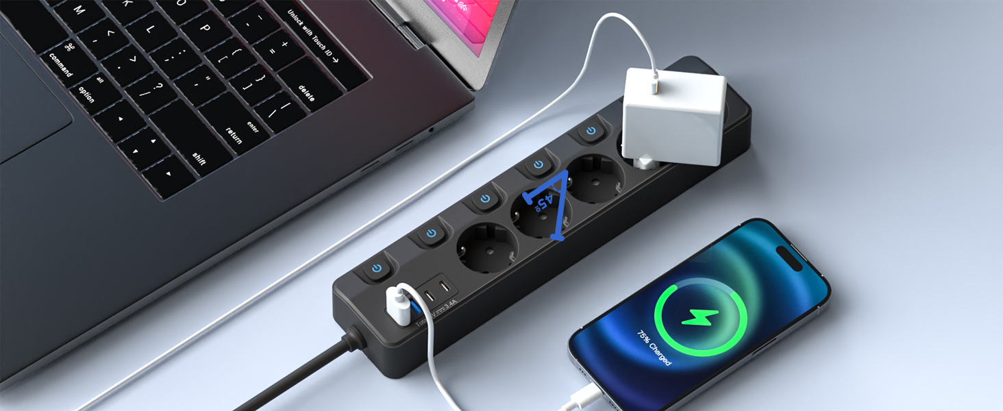 Багаторозетка на 5 розеток з індивідуальними вимикачами, KEPLUG, з USB, захист від перенапруги, для стіни, 2 м, чорна