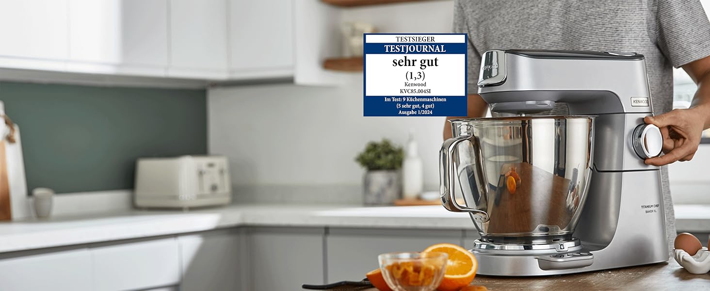 Кухонна машина Kenwood Titanium Chef Baker KVC85.004SI з вбудованими вагами, 1200 Вт, 2 чаші (5 л та 3,5 л), набір для кондитерських виробів, плавне регулювання швидкості, срібляста