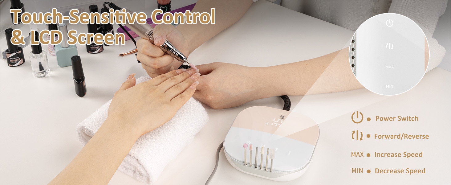 Електричний апарат для манікюру та педикюру Madenia TouchPro – професійний фрезер для гелевих нігтів з HD-дисплеєм та 6 насадками (сірий)