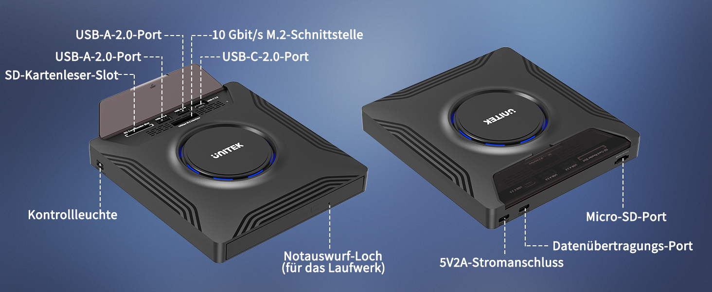 Зовнішній CD/DVD привід UNITEK USB-C, портативний DVD-плеєр з картридером SD, USB 3.0 Hub та CD-ROM записником для ноутбуків, ПК, Windows, Linux, macOS (чорний)