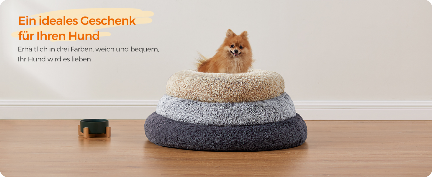 Кругле ліжко для собак та котів Feandrea з м'яким плюшем, діаметр 60 см, сірий колір, знімний наповнювач, 60 x 60 x 20 см