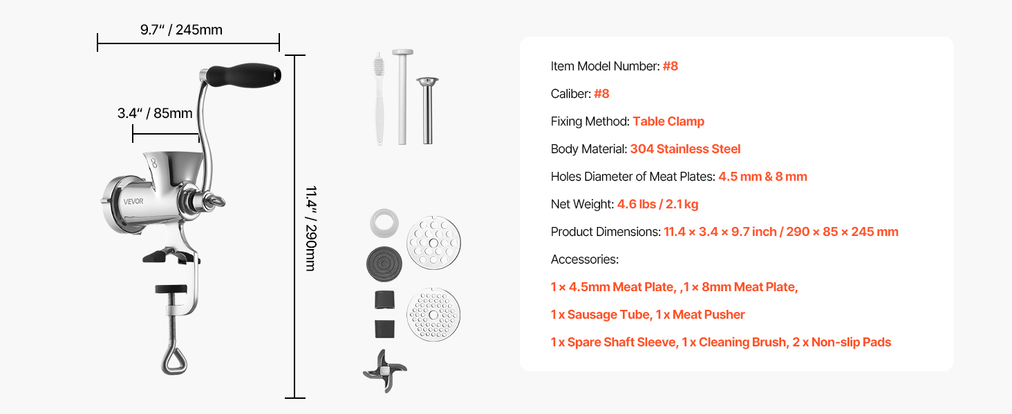 М'ясорубка ручна VEVOR з нержавіючої сталі 304, з присоскою для столу та насадками для ковбас (4.5/8 мм, 4 насадки)