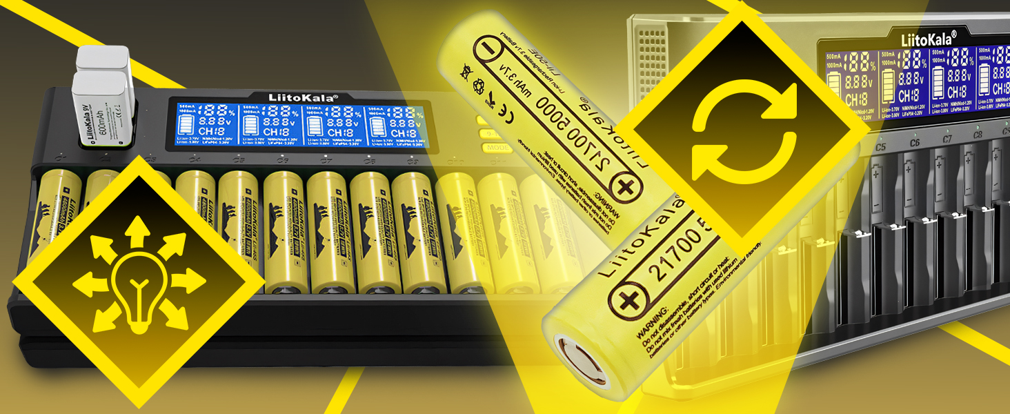 Зарядний пристрій Retoo для акумуляторів AA, AAA, 9V NI-MH/NI-CD, Li-ion 3.70V/3.80V, LiFePO4 3.20V, 12 слотів, швидка зарядка з LCD дисплеєм, чорний