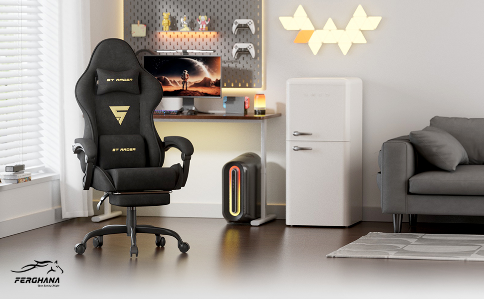 Геймерське крісло Ferghana Ergonomischer з підголівником та підтримкою спини, тканинне, чорне - для офісу та ігор