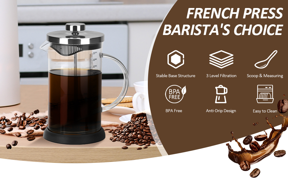 Френч-прес 600мл з нержавіючою сталлю, кавова преса, для приготування кави та чаю, стійке до нагрівання скло, підходить для миття в посудомийній машині