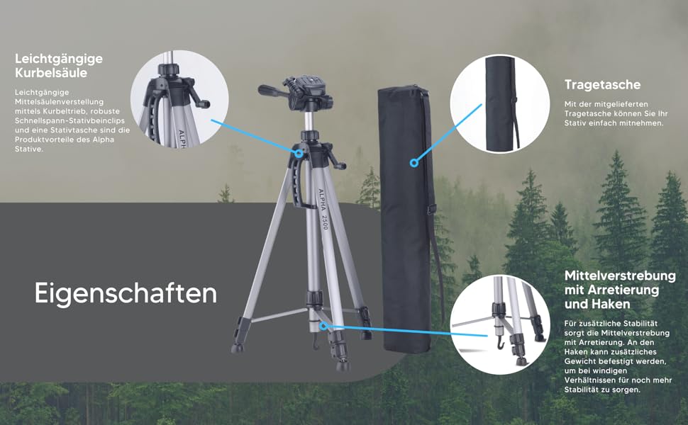Штатив CULLMANN Alpha 2800: стандартна висота 184 см, максимальне навантаження 2.5 кг, срібний колір