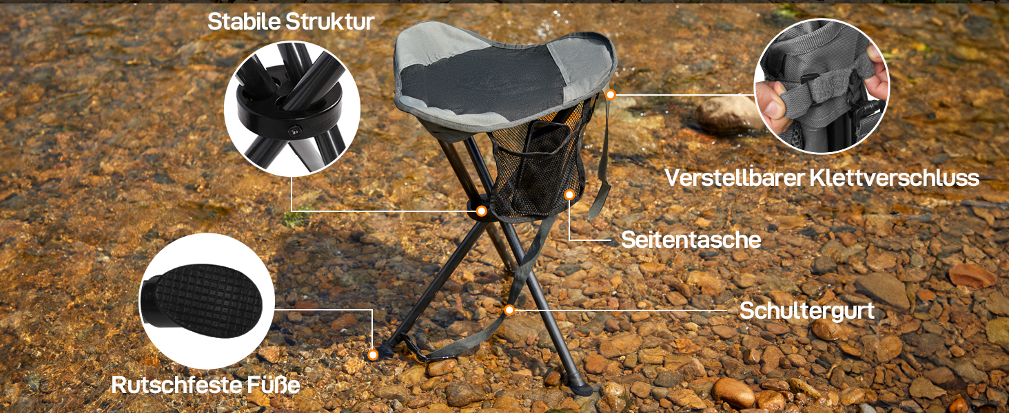 Складаний табурет EVER ADVANCED для кемпінгу, риболовлі та походів. Легкий, міцний (102 кг), з кишенею, чорно-сірий
