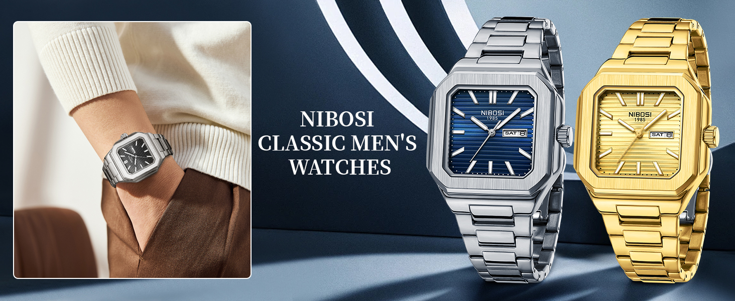 Годинник чоловічий NIBOSI: кварцовий годинник з нержавіючої сталі, мілітарний стиль, квадратний корпус, водостійкий, білий циферблат, для бізнесу та повсякденного носіння