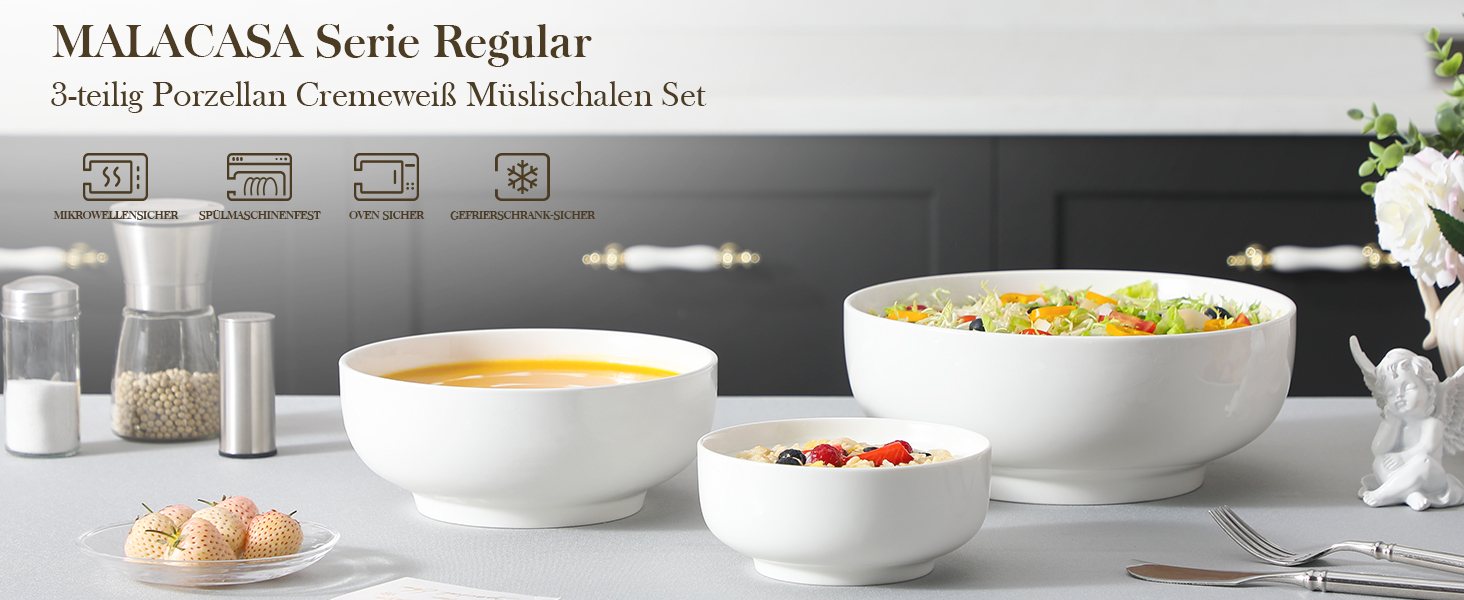 Набір супових та салатних мисок MALACASA Regular Weiß (3шт, 3.4л, 1.8л, 0.8л) з порцеляни. Ідеально для супу, салату, рамену, фруктів та мюслі.