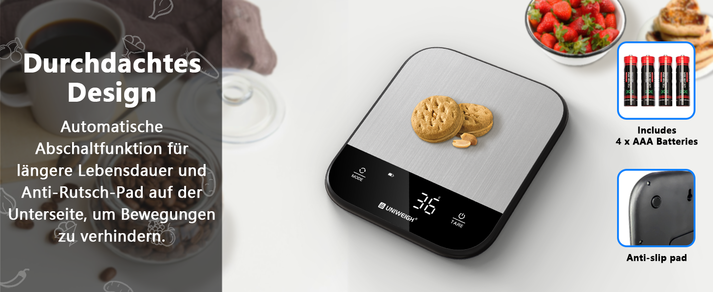 Кухонні ваги UNIWEIGH: цифрова вага для продуктів, грам/унція, випічка, приготування їжі, LED дисплей, функція тарування, нержавіюча сталь, чорний колір