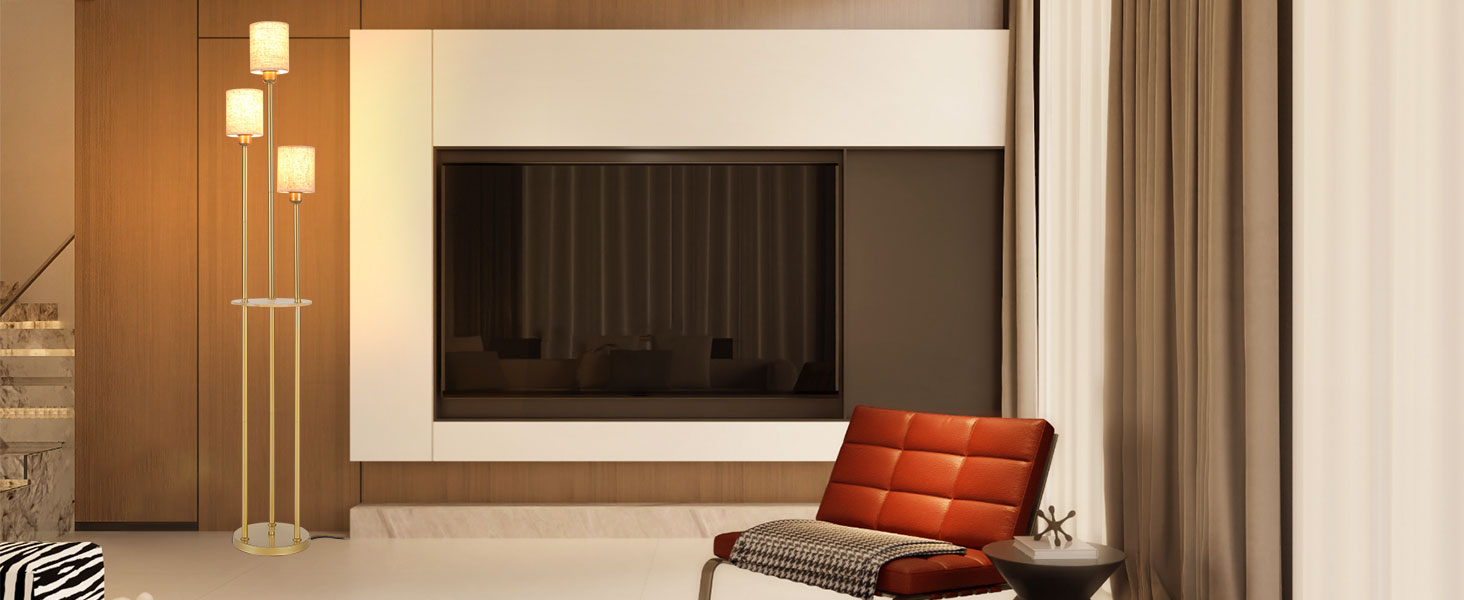 Стійка лампа Winverty для вітальні з полицею, 3 лампи, вінтажний стиль, індустріальний дизайн, E27, вимикач на нозі, абажур з льону, 1.66 м (золота)