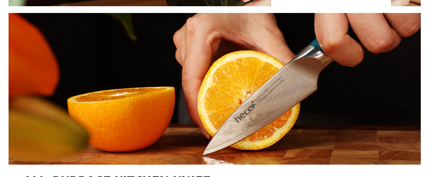 Японський кухонний ніж Hecef Damast з ручкою з харчової смоли, 20 см, 67 шарів дамаської сталі, з захистом для ножа, професійний ніж для кухаря, подарунок шеф-кухарю