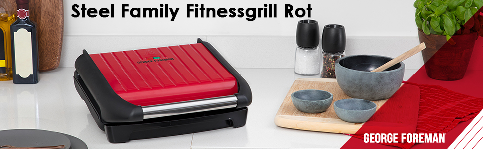 George Foreman Family Size Contact Grill & Panini Press - 24x17cm (3 Portions) - Red Steel