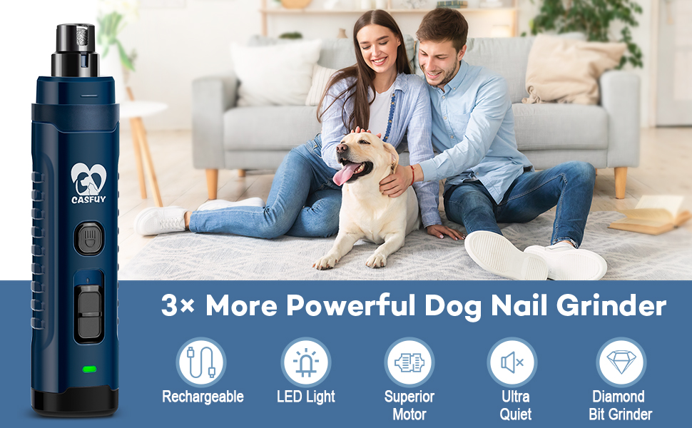 Електричний точило для собак Casfuy з LED-підсвічуванням, 4.8V, 2 швидкості, для середніх порід, тихе, перезаряджуване, navy