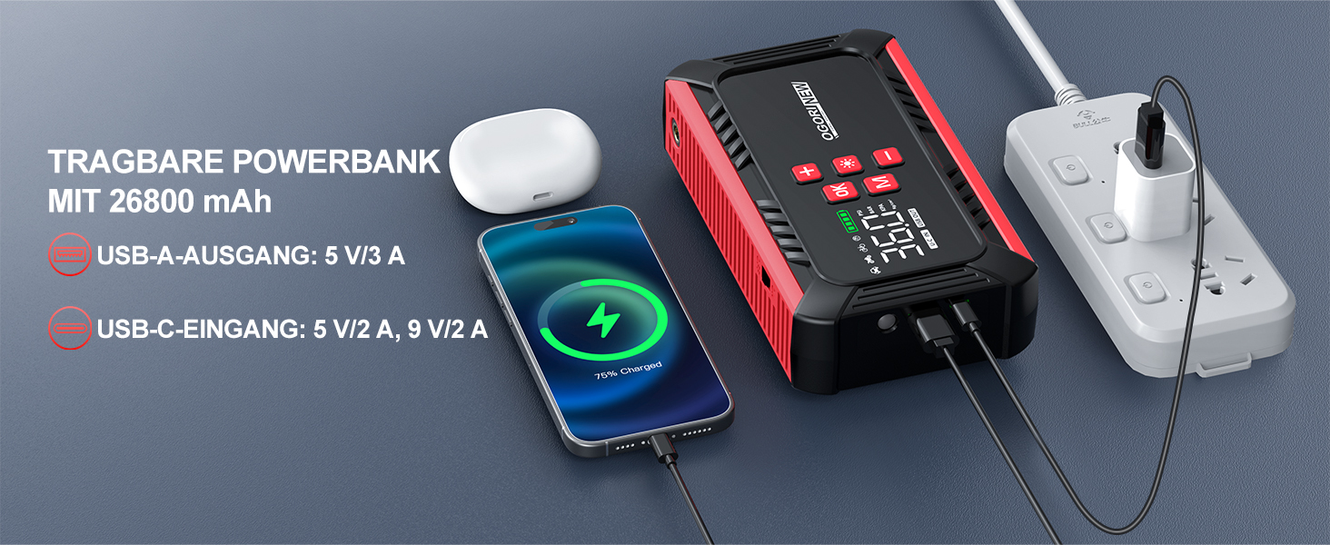 Портативний акумулятор для авто з компресором 150PSI, 7000A, 12V, 8L/10L (бензин/дизель), з запальничкою, LED-ліхтарик B195