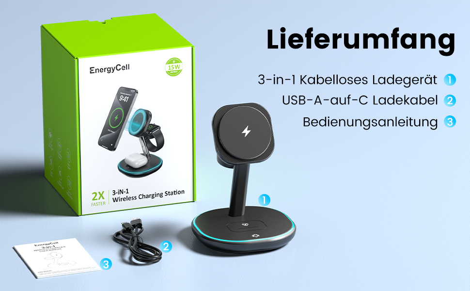 3-в-1 Зарядний пристрій MagSafe, 15W Швидка Бездротова Зарядка, Індукційна Зарядка для iPhone 16/15/14/13/12, Розумний годинник, AirPods Pro/2/3 - Чорний