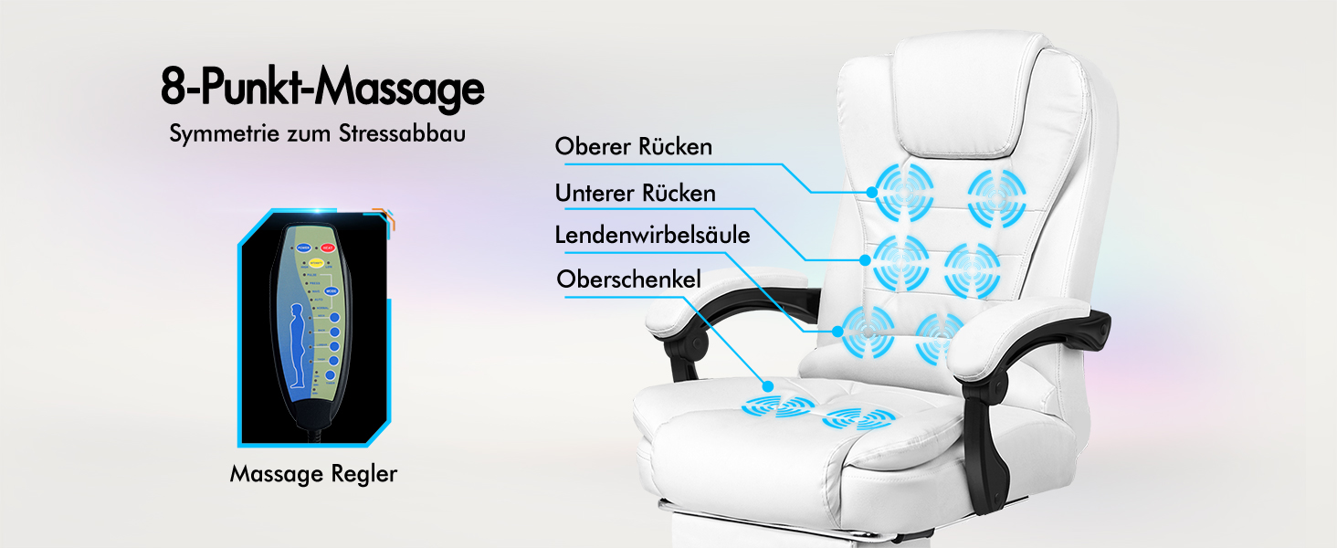 Офісне крісло Alfordson з ергономічною підтримкою попереку, регульоване, з підлокітниками та функцією масажу, PU шкіра, біле