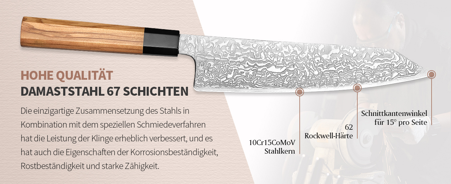 Японський ніж Kiritsuke XINZUO з дамаської сталі, 21.5 см, Gyuto, ручка з оливкового дерева та чорного рогу буйвола, ручна робота, з піхвою