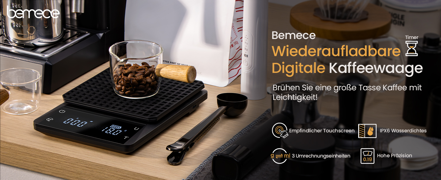 Цифрова кавова вага Bemece з таймером, 0.1 г, водонепроникна для еспресо, великий дисплей, сенсорне керування, чорна, max. 3 кг