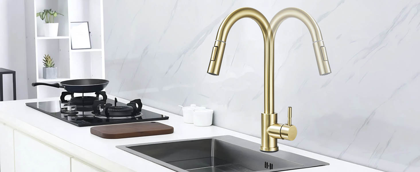 Кухонний змішувач з двома виливами, поворотний на 360°, з високим виливом та спіральною голкою, з нержавіючої сталі (золотий)