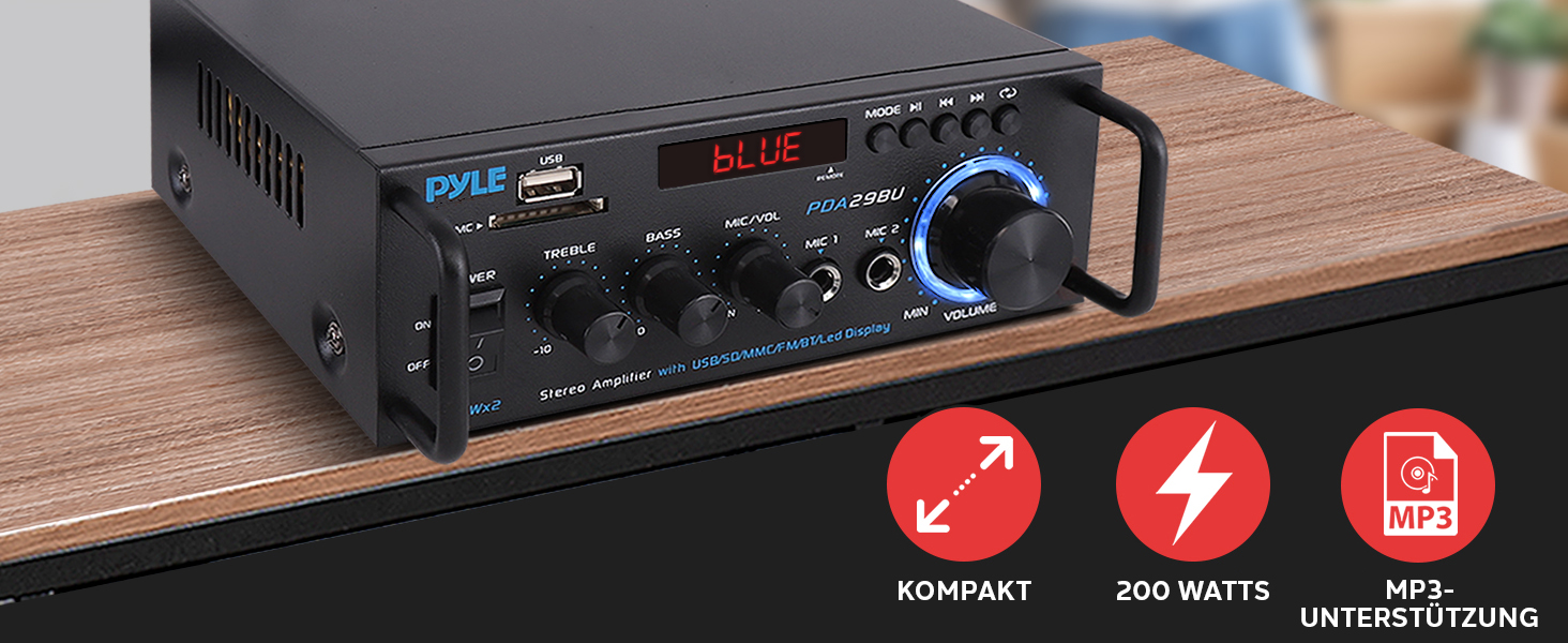 Pyle підсилювач 200Вт, стерео Bluetooth, 2-канальний, RCA, USB, SD, MIC, FM-радіо, регулювання басу та високих, для дому, авто, студії, домашнього кінотеатру