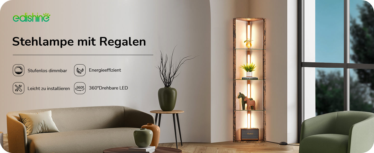 Стійка лампа EDISHINE з 4 полицями з дерева, LED диммер, 3 кольори світла, поворотний світловий маніпулятор, підсвічування полиць, регулювання яскравості, футовий вимикач, для вітальні (Вінтаж-коричневий+скло)