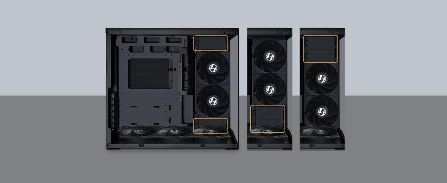 Корпус Lian Li O11 Dynamic Mini V2 Flow: компактний ATX Midi-Tower з двокамерним дизайном, скляною панеллю та модульною конструкцією. 5 вентиляторів встановлено. Чорний колір.