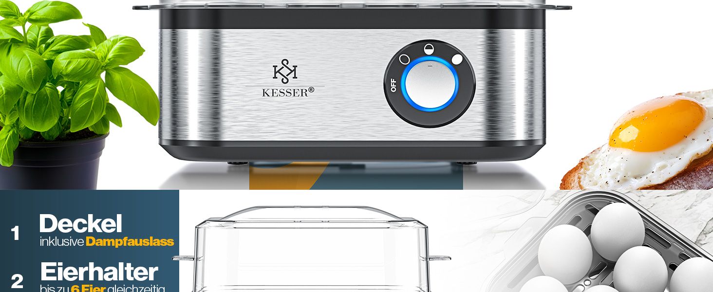 Електричний яйцеварка KESSER® на 1-8 яєць з нержавіючої сталі, 500W, з функцією підігріву, LED-регулятор, 3 ступені нагріву, BPA-Free, придатний для миття в посудомийній машині, мірний стакан, тримачі для яєць та форма для омлету, колір: антрацит