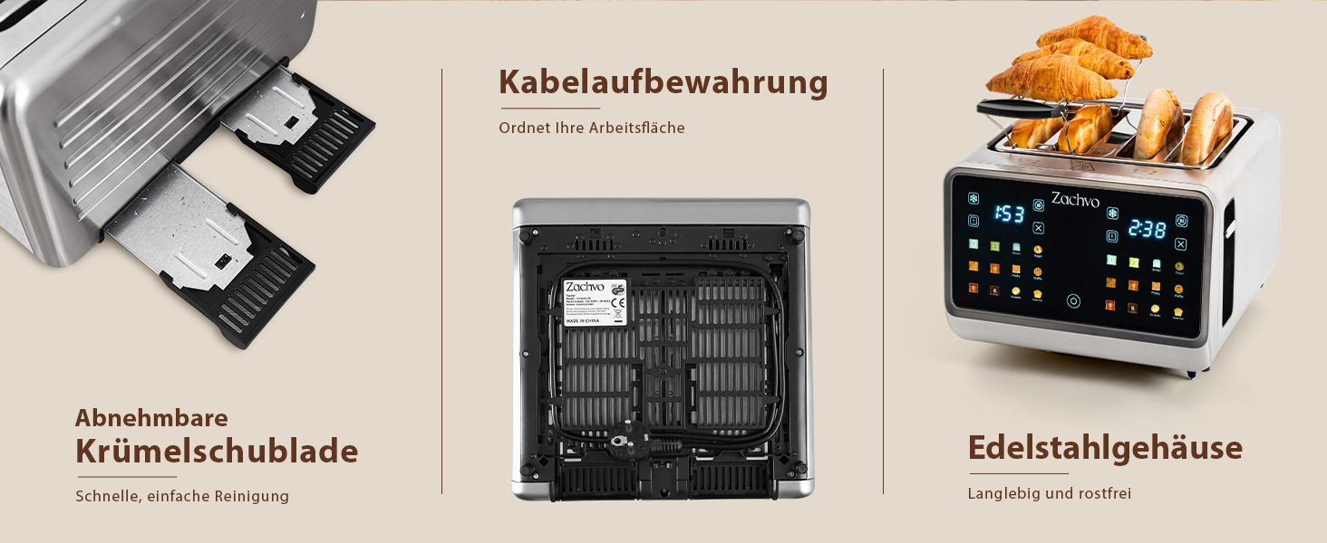 Тостер на 4 шматочки з сенсорним екраном та таймером – нержавіюча сталь, довгі слоти, 2 незалежні зони температури, підставка для бургерів та сендвічів, 6 програм, срібний колір