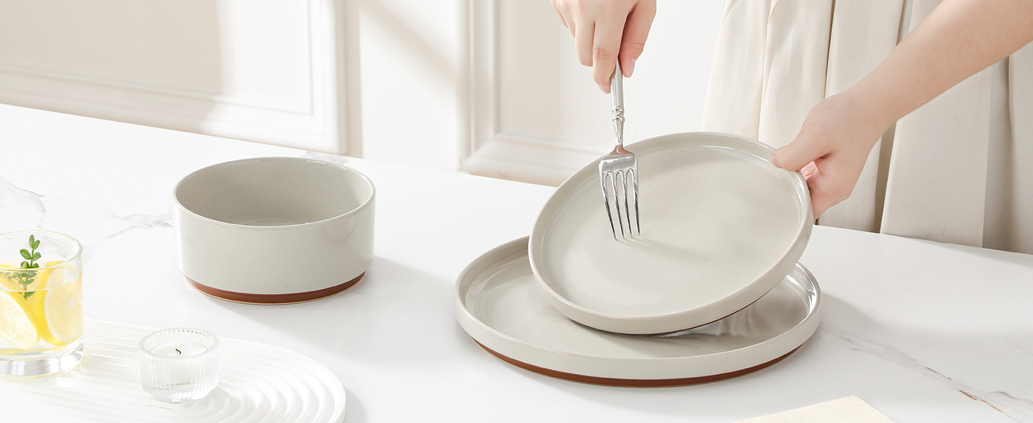 MALACASA Набір посуду з каменю 6 осіб, 18 предметів: тарілки, миски, керамічний сервіз з глазур'ю 