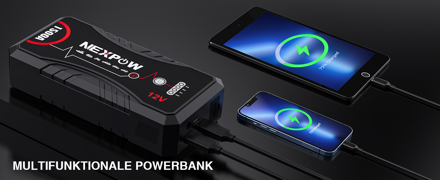 Powerbank для авто NEXPOW Starthilfe 1500A: стрибковий стартер з LED ліхтариком та USB, 12V для бензинових (7.0L) та дизельних (5.5L) двигунів