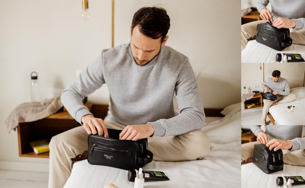 Шкіряна косметичка для подорожей Berliner Bags Premium Kulturbeutel Max, велика сумка для гігієнічних засобів з 2 відділеннями, унісекс, чорна
