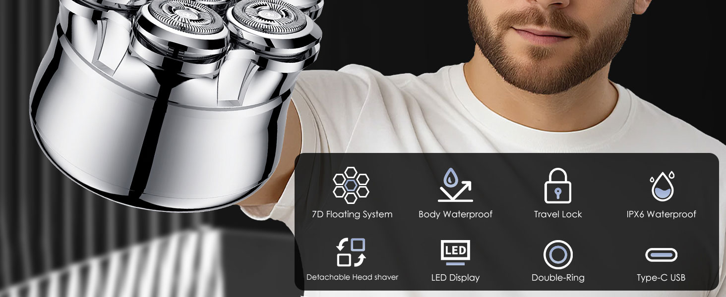 Електрична бритва чоловіча 7D Glatzen з плаваючою головкою, LED-дисплеєм, 2 режимами, Type-C зарядка, срібляста