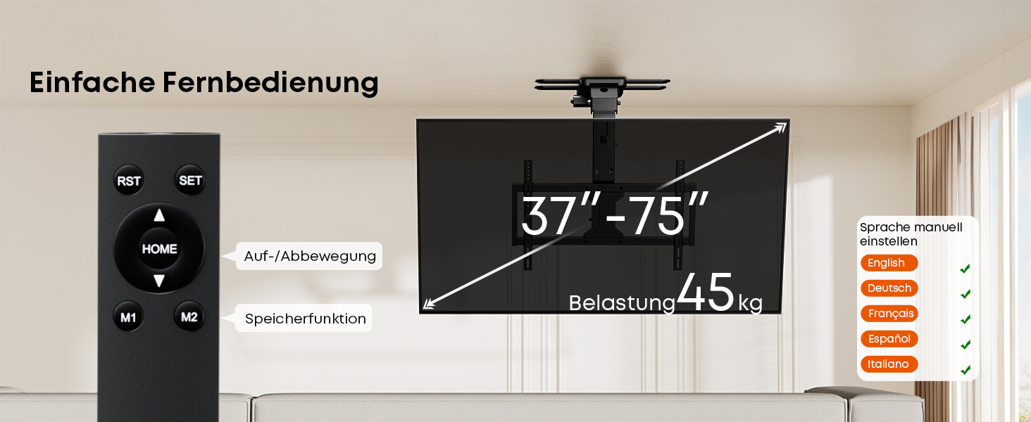 Електричний стельовий кронштейн для телевізора 37-75 дюймів, чорний - похилий, з пультом ДУ, до 45 кг
