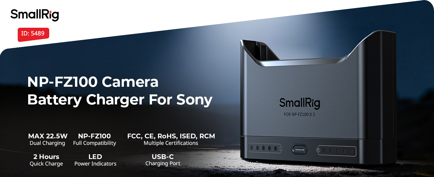 Зарядний пристрій SMALLRIG для акумуляторів Sony NP-FZ100 з двома USB-C портами, 22.5W, сумісний з Sony Alpha A7III, A7IV, A6700, FX3, FX30, A9, A7C, A7CII, A7RIII, ZV-E1, ZV-E10II