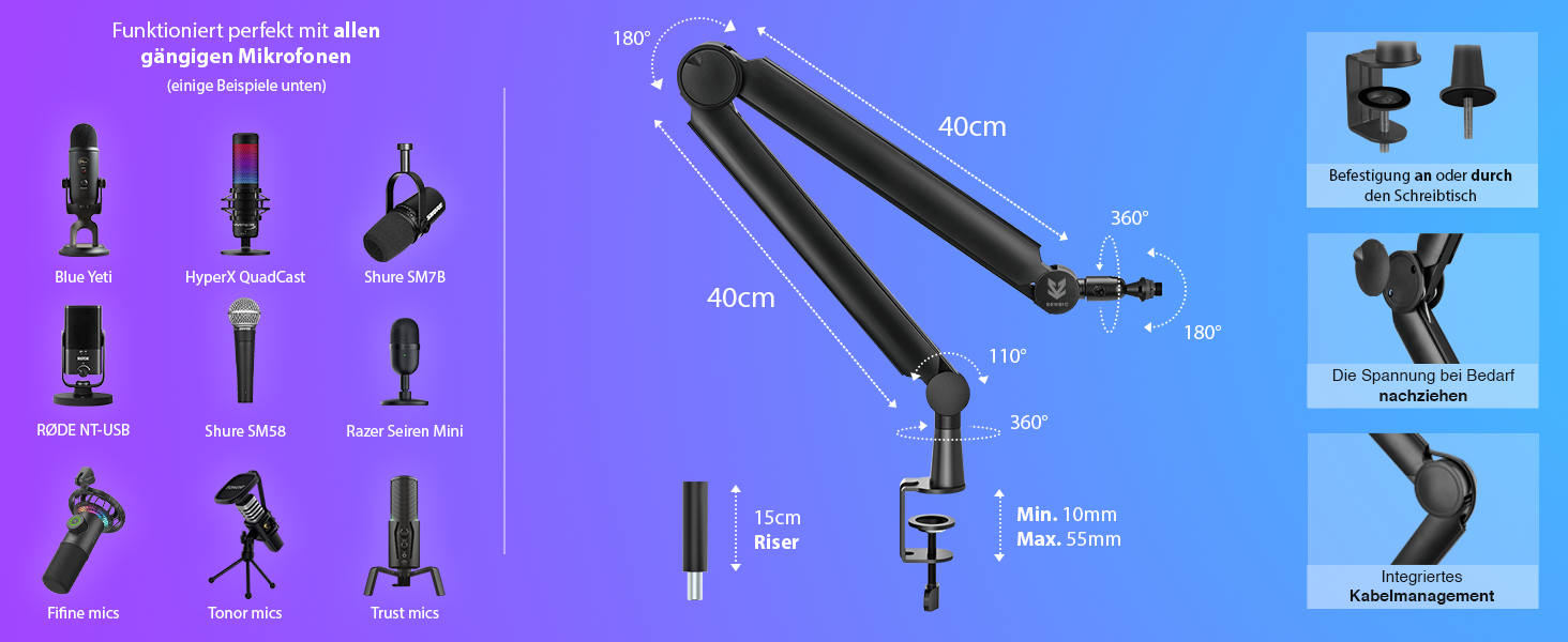 Підставка для мікрофона SENSIC SA-30 настільна з поворотним кріпленням, адаптер 3/8-5/8, універсальна, професійна, чорна