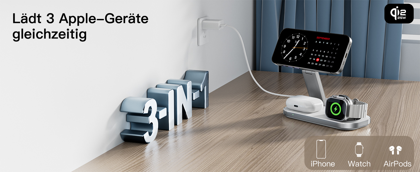 Бездротова зарядка 25W 3-в-1 з MagSafe: для iPhone, Apple Watch та AirPods (біла)