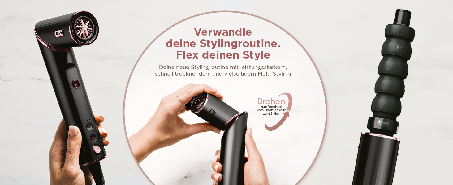 Фен Shark FlexStyle Multi: 3-в-1 для догляду за волоссям, Auto-Wrap, без пошкодження, для всіх типів волосся (чорний/рожеве золото)