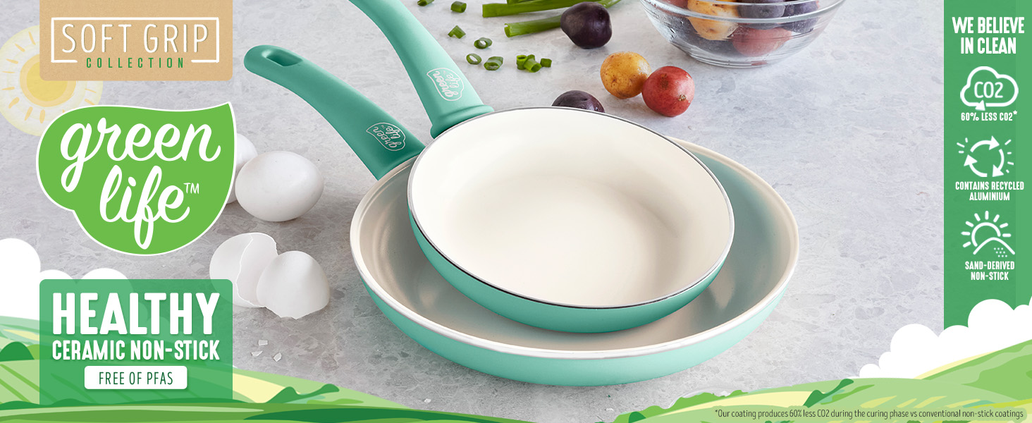 Набір сковорідок GreenLife 18 см і 26 см, керамічне антипригарне покриття, без PFAS, для здорового приготування, підходить для духовки та посудомийної машини, бірюзовий