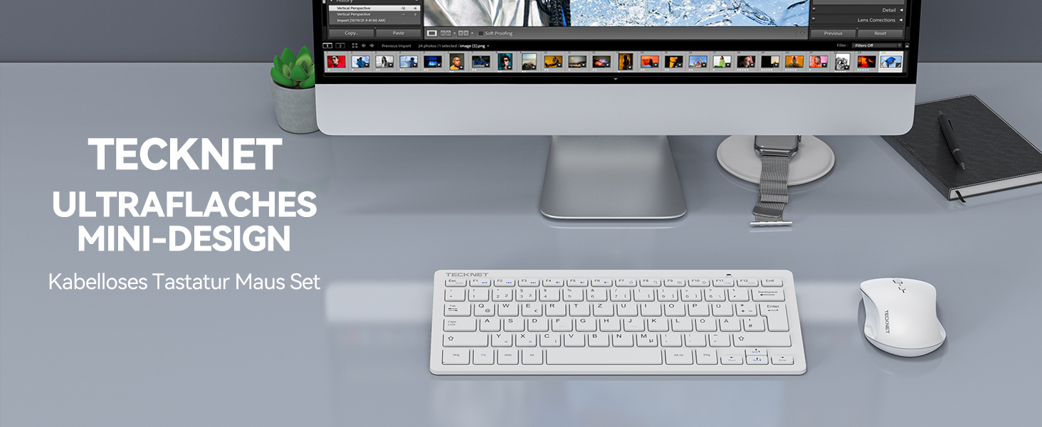 TECKNET Бездротовий комплект клавіатури та миші, QWERTZ, 2.4 GHz, 15м, тиха клавіатура та миша для ПК, ноутбука, Smart TV, білий