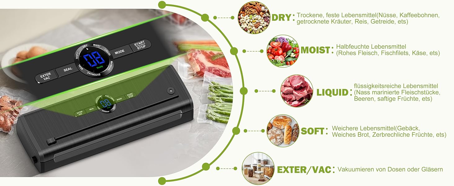 Вакуумний пакувальник KLGFI 7-в-1: професійний апарат для пакування продуктів з подвійною зварювальною швом, з нарізкою та цифровим лічильником. У комплекті 50 вакуумних пакетів. Чорний колір.