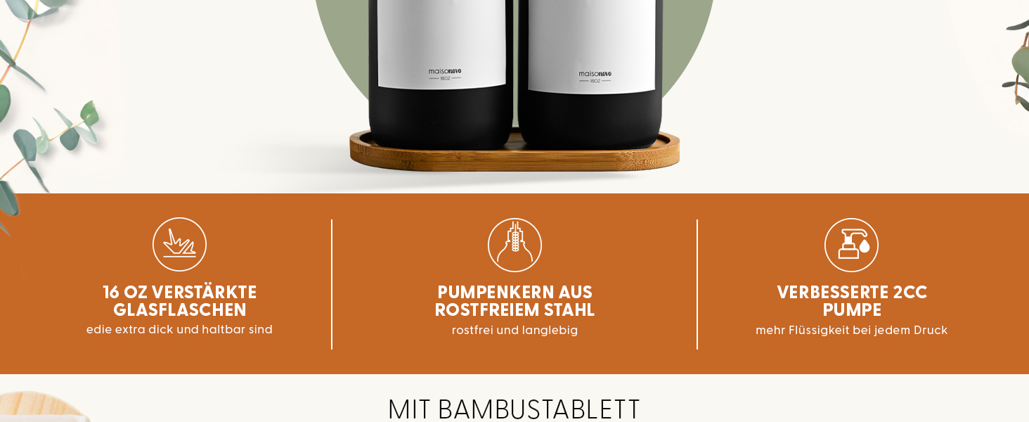 Набір дозаторів для мила та рідкого миючого засобу MaisoNovo: скляні дозатори з бамбуковою помпою, 2 шт. (500 мл)