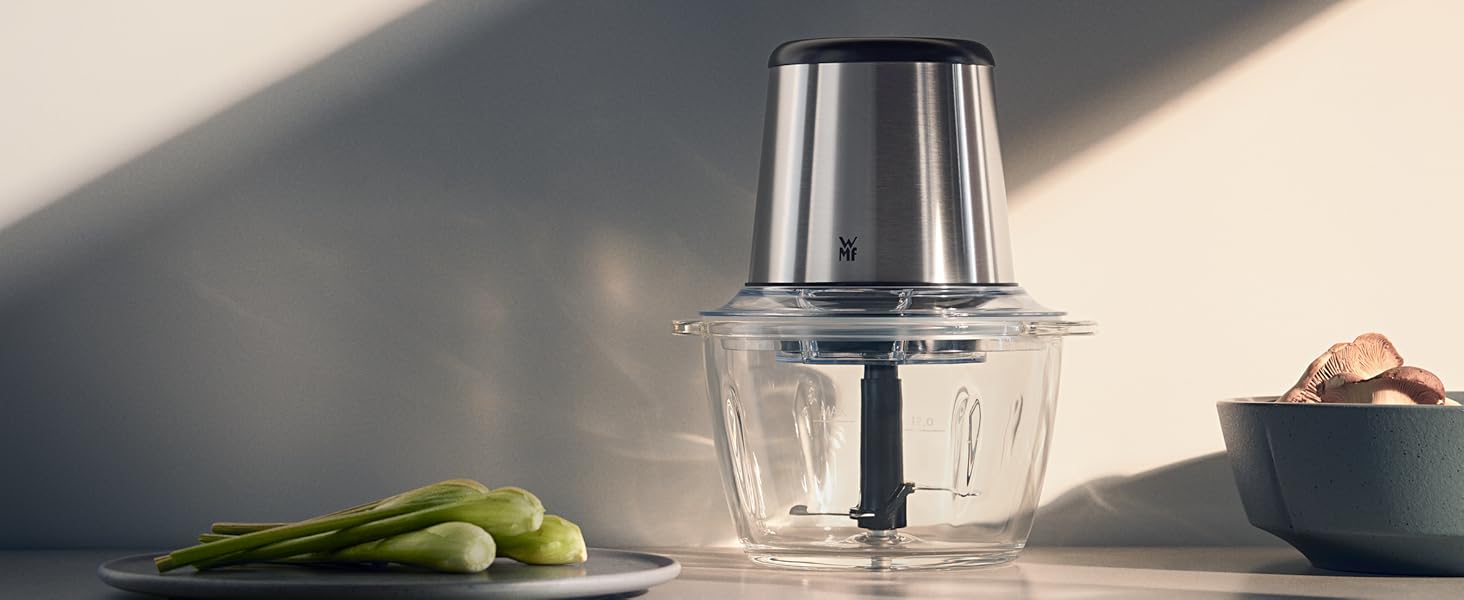 Електричний подрібнювач WMF Kult X – міні-подрібнювач, блендер для овочів, зелені та горіхів, 1л, скло, нержавіюча сталь, компактний, миється в посудомийній машині