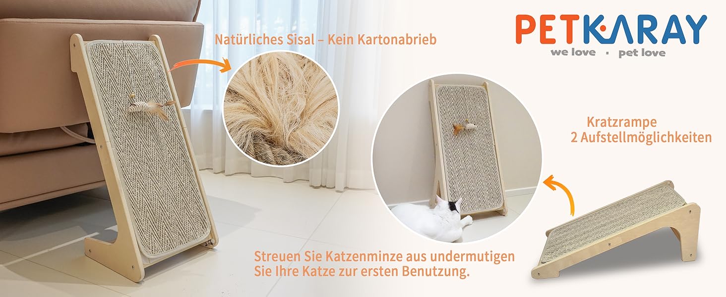 PETKARAY Дряпка для котів, L-подібна, 68 см, з сизалю, для стіни та кута, з котячою м'ятою та іграшкою мишкою