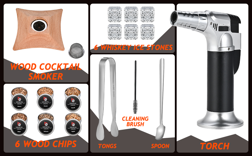 Набір для копчення коктейлів GOLDGE: набір для диму Whiskey з 6 видами тирси, кам'яні димогенератори, подарунок для тата/чоловіка