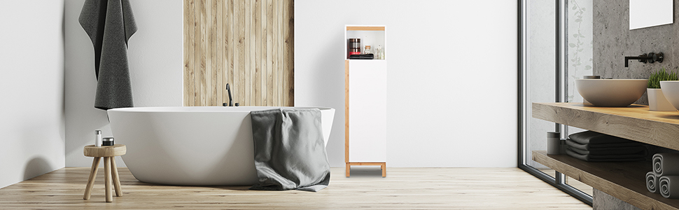Relaxdays 10031461 Badregal, 4 Shelves, Bamboo & MDF, Bathroom Storage, Slim Shelf HWD 88x30x18 cm, White/Natural